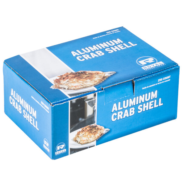 A blue box of 4 Royal Paper L7EP aluminum crab shells with a white background.