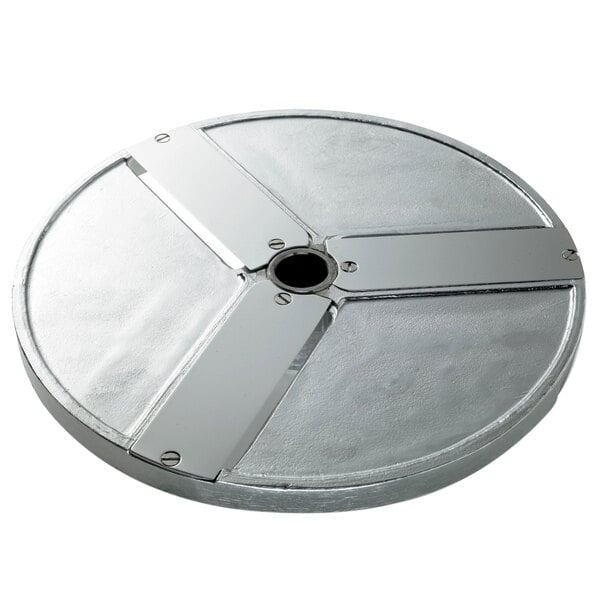 A silver circular metal Slicing Disc with holes.