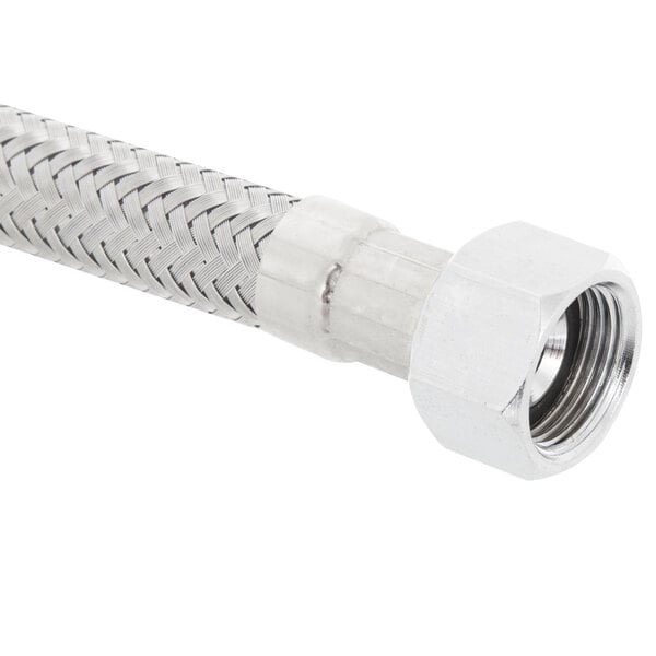 A close-up of a T&S stainless steel flexible supply hose.