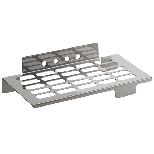 A silver metal shelf with holes.