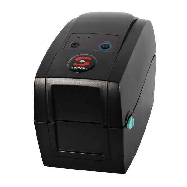 A black Sammic desktop printer with blue buttons.