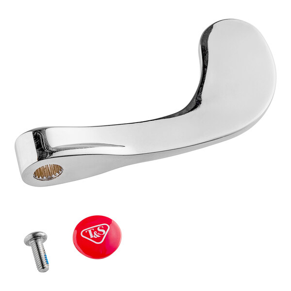 A silver T&S wrist action handle with a screw and a red index button.