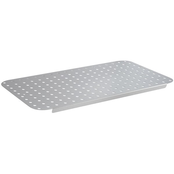 A silver metal tray with holes.