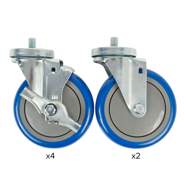 A close-up of two 5" Enclosed Base Table Swivel Stem Casters with wheels.