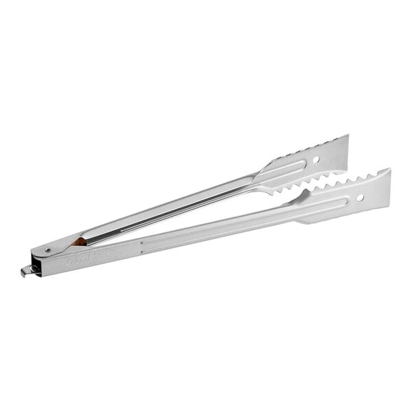 A close-up of the Edlund 6412HDL silver tongs with long handles.