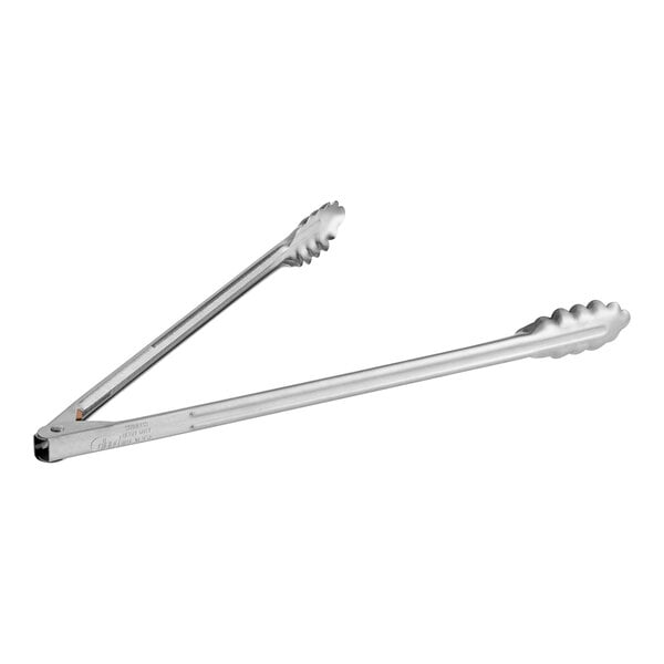 The silver Edlund 4416HD Heavy-Duty Scallop Utility Tongs with white handles.