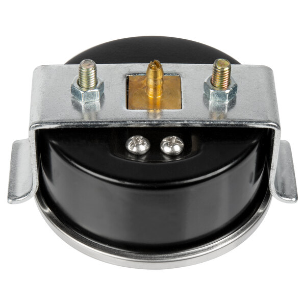 A black round VacPak-It vacuum gauge with a metal bracket and screws.