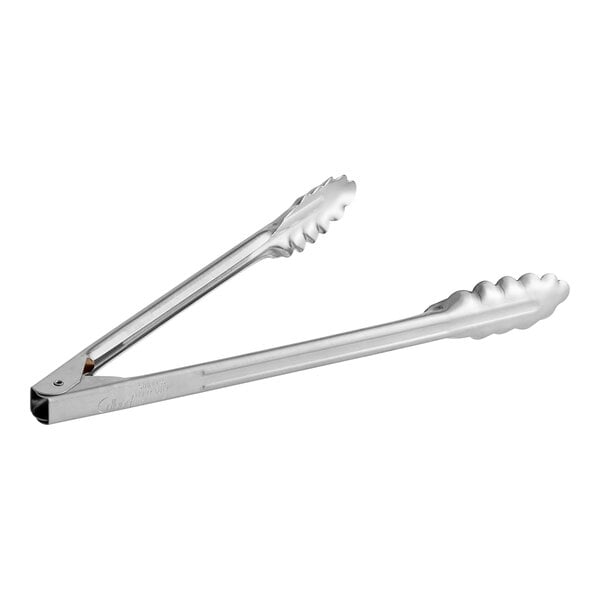 A silver Edlund 4412HD heavy-duty scallop utility tong with long handles.