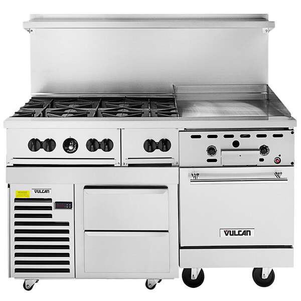 A large stainless steel Vulcan commercial range with 6 burners, a griddle, and refrigerated base.