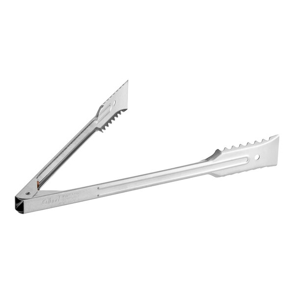 A close-up of a silver Edlund heavy-duty gripper tong with sharp teeth.