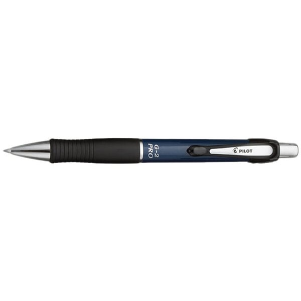 A Pilot G2 Pro pen with a black and blue barrel.