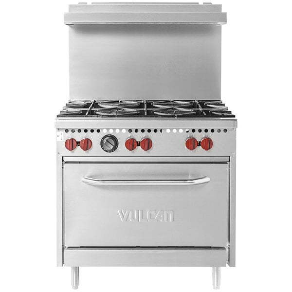 A Vulcan stainless steel commercial gas range with 6 burners and an oven.