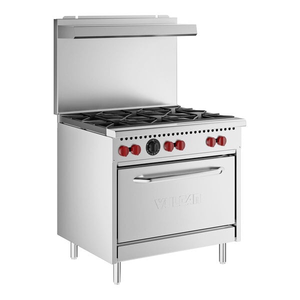A stainless steel commercial 6-burner range with an oven and backsplash, designed for liquid propane use.