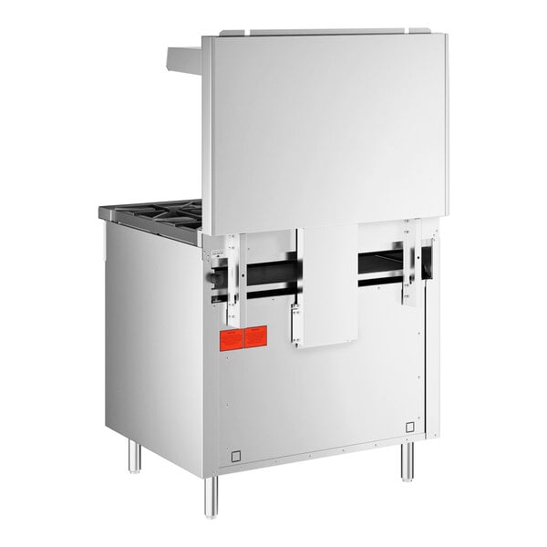 A commercial stainless steel 6-burner range with a standard oven and raised back panel.