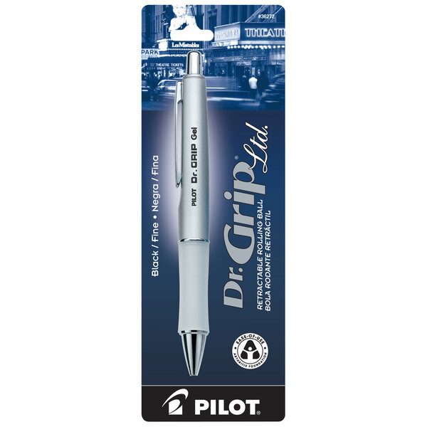 A close-up of a Pilot Dr. Grip pen with a silver and white barrel.