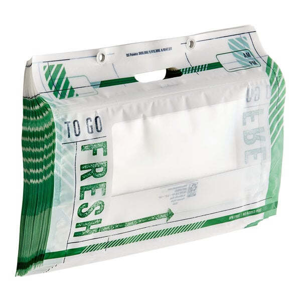 A close up of a white plastic bag with "To Go Fresh" in green.