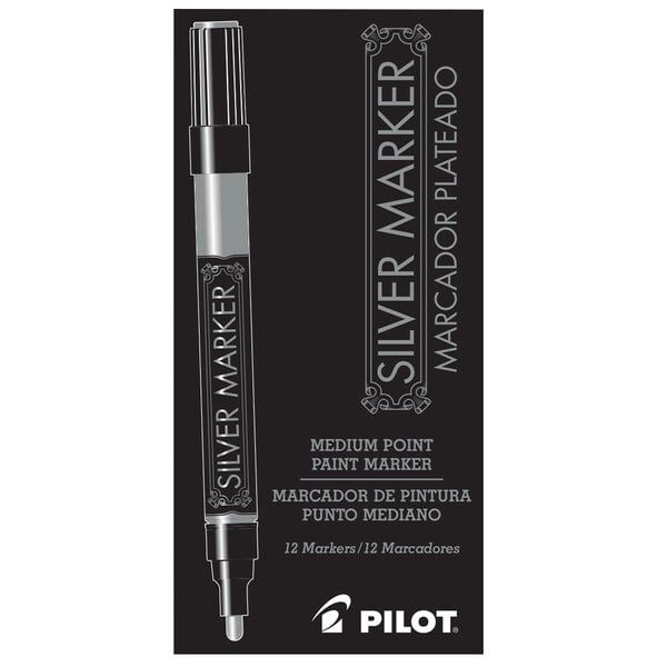 A white Pilot marker with silver ink and a black tip.