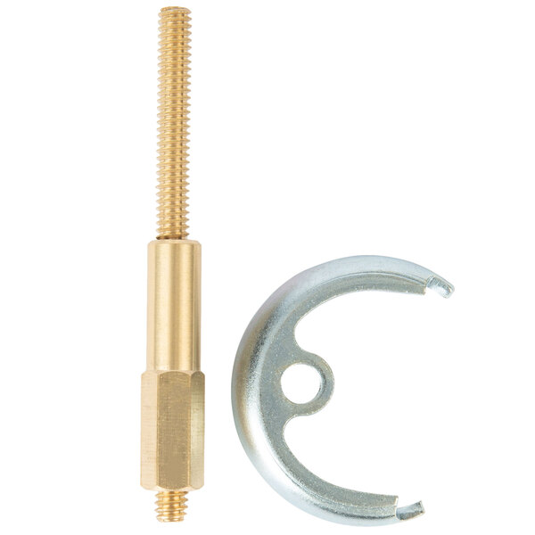 A gold metal screw and a silver metal ring.