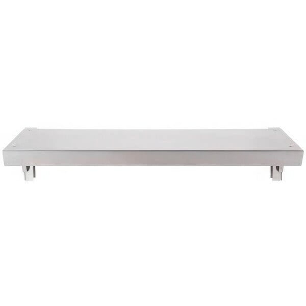 A stainless steel rectangular shelf with legs.