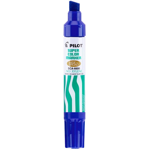 A Pilot blue marker with a white label and green stripes.