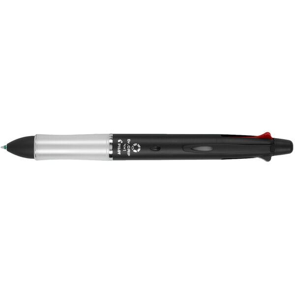 A black and silver Pilot Dr. Grip pen with a red tip.