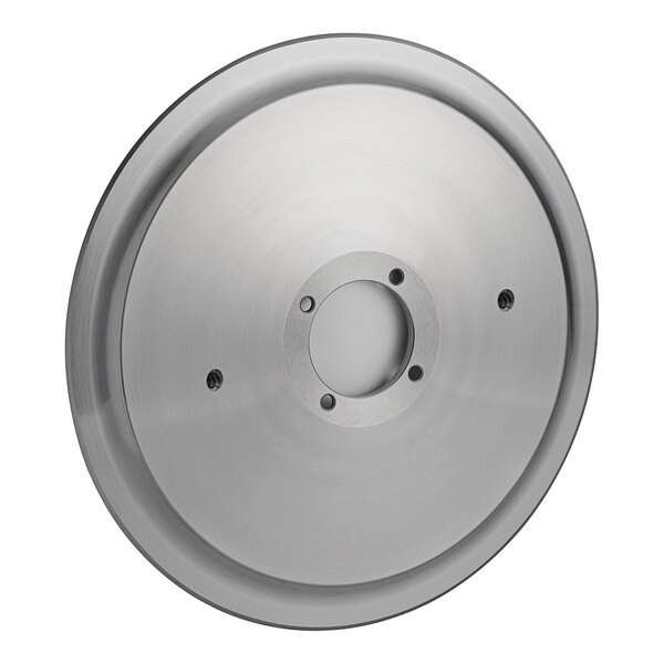 A stainless steel circular blade with holes.