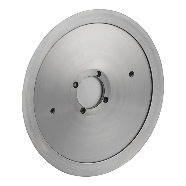 A stainless steel circular blade with holes.