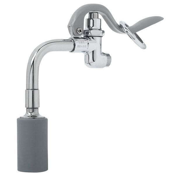 A chrome T&S 90 Degree Angled Spray Valve with grey handle.