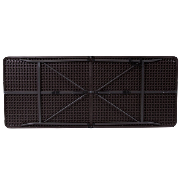 A black plastic rectangular table with black metal legs.