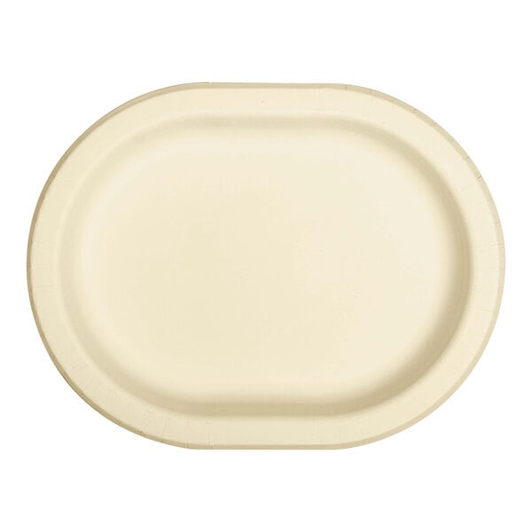 An ivory oval paper plate with an oval shape.