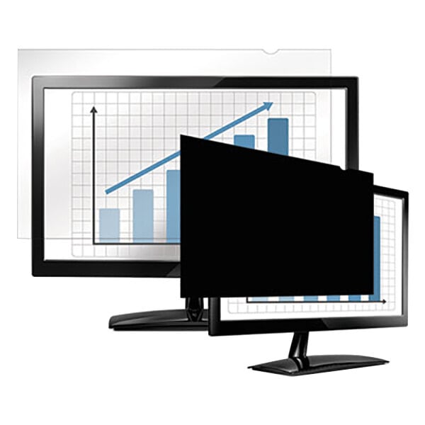 The black screen of a Fellowes PrivaScreen monitor with a graph on it.