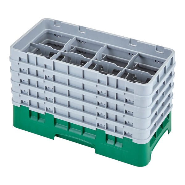 A green and gray plastic Cambro glass rack with 8 compartments and extenders.