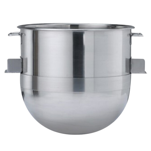 A silver stainless steel bowl with a handle.