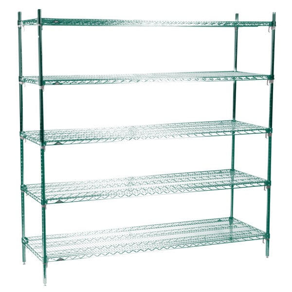 A green Metroseal 3 wire shelving unit with four shelves.