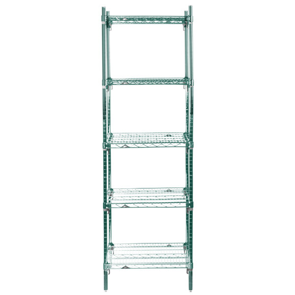A green Metro wire shelving unit with four shelves.