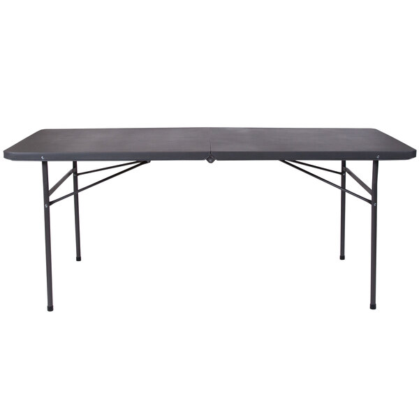 A Flash Furniture rectangular dark gray plastic folding table with metal legs.