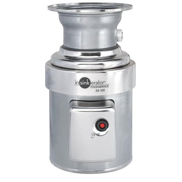 An InSinkErator stainless steel commercial garbage disposer with a red button.