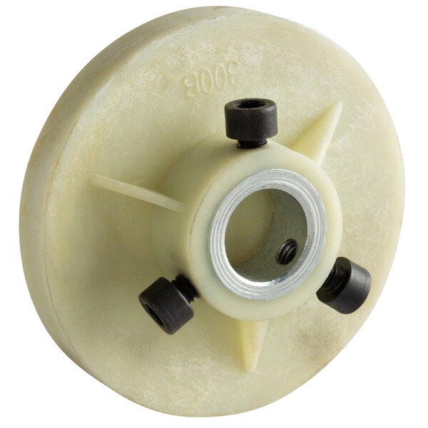 A white plastic wheel with two black nuts and a metal screw.