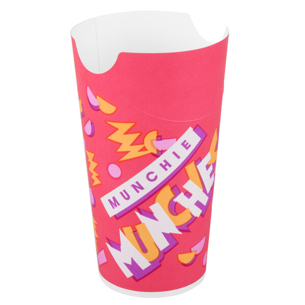 A pink Solo paper container with the word "Munchie" on it.