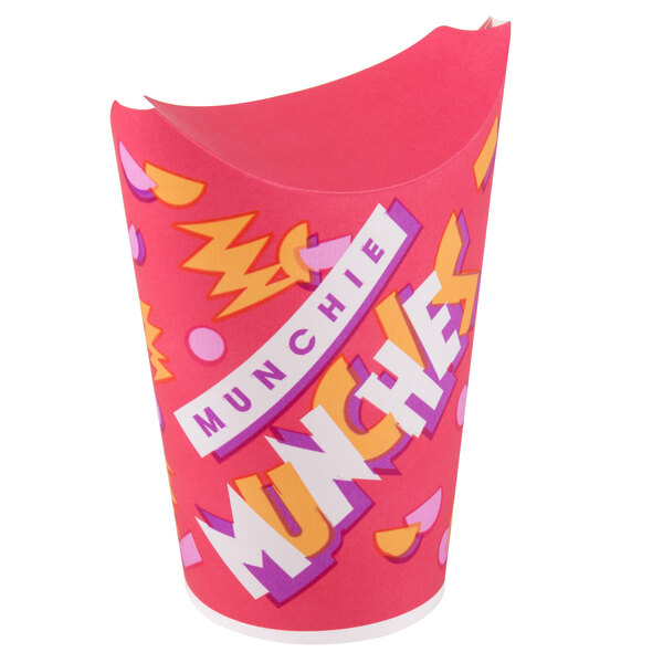 A pink Solo paper container with the word "Munchie" in a design.