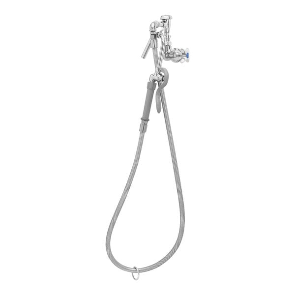 A silver T&S wall mounted pot filler faucet with a hose and vacuum breaker.