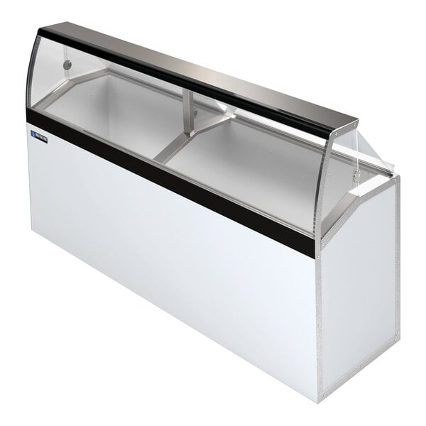 A white Master-Bilt ice cream dipping cabinet with a low curved glass top on a counter.