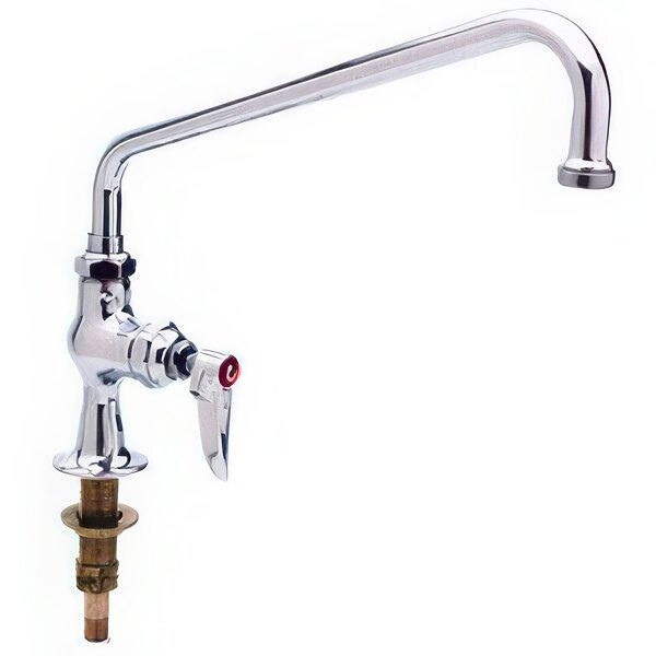 A silver deck-mounted T&S pantry faucet with a red brass handle.