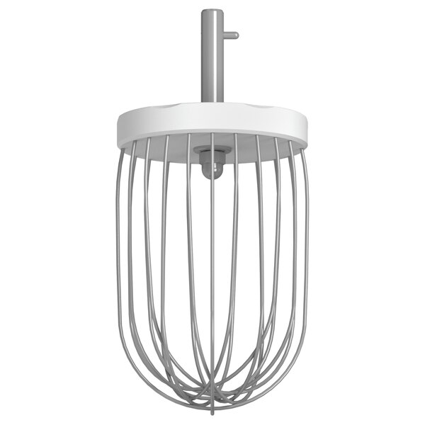 A stainless steel wire whisk with a white base.