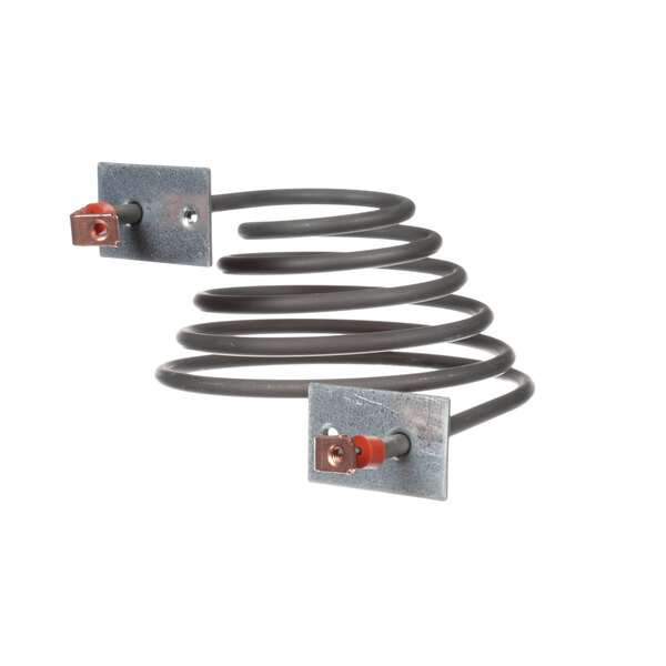 A black coil with red and silver screws attached to a pair of copper wires with red and orange wires.
