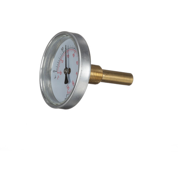 A close-up of a Lochinvar temperature gauge with a circular dial on a white background.