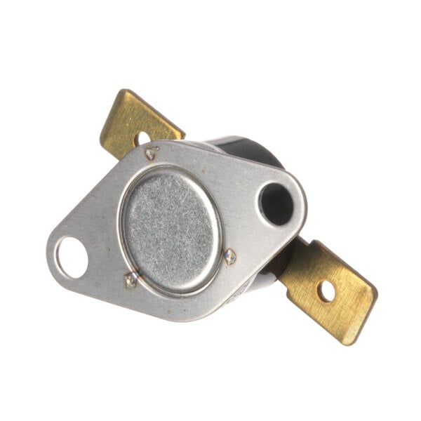 A close-up of a metal Caddy Hi Limit thermostat with a silver circle and brass knob.