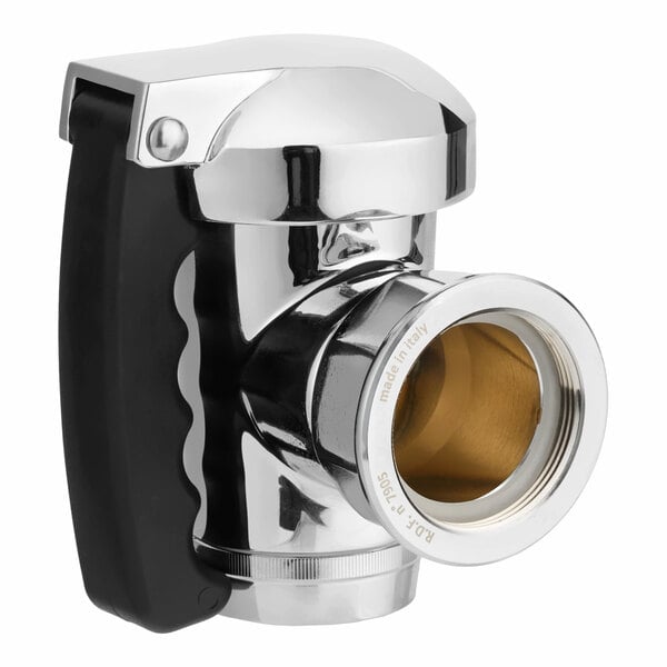 A chrome and black 2-inch draw-off valve used for commercial kitchen equipment.