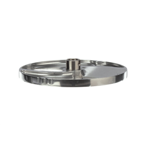 A silver circular Mannhart S2 slicer blade with a hole in the middle.