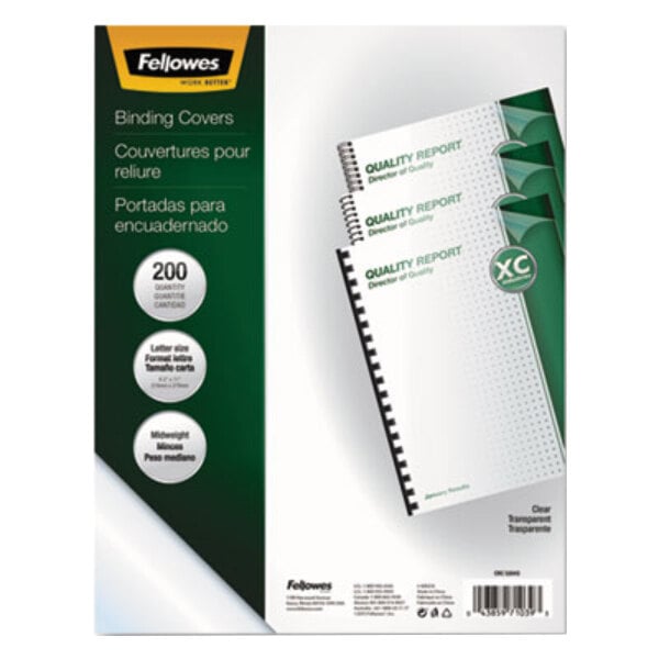 A close-up of a Fellowes clear view presentation cover with a white and green label.